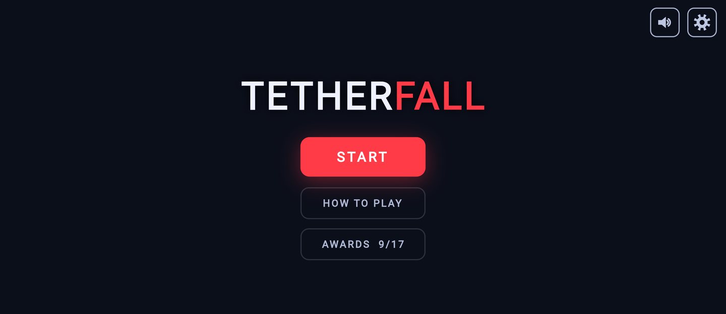 The Tetherfall title screen with Start, How to Play, and Awards